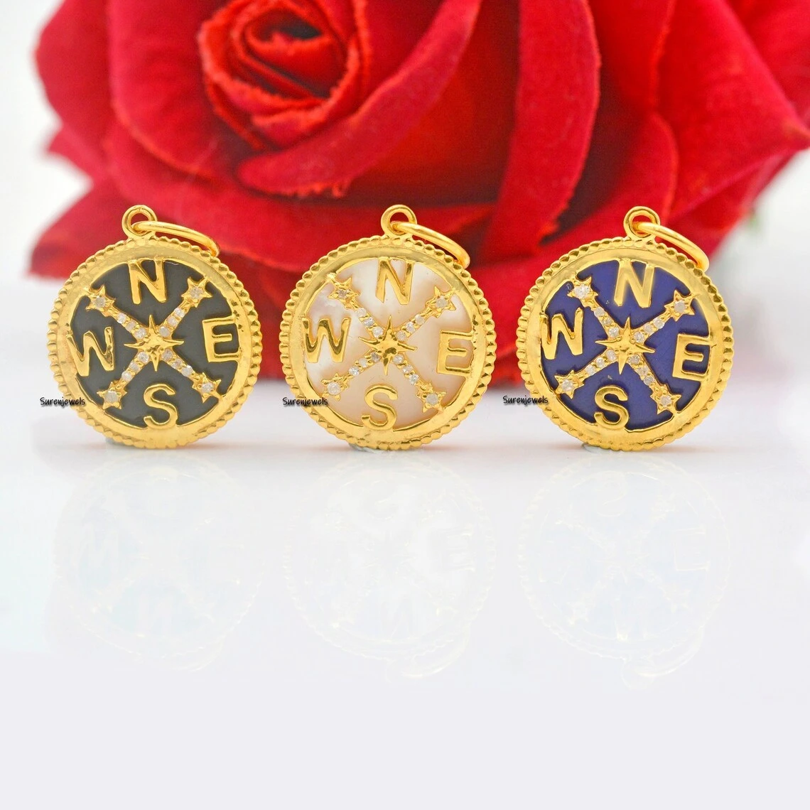 925 Silver Diamond Compass Pendant with Lapis Gemstone – Pave Diamond Charm