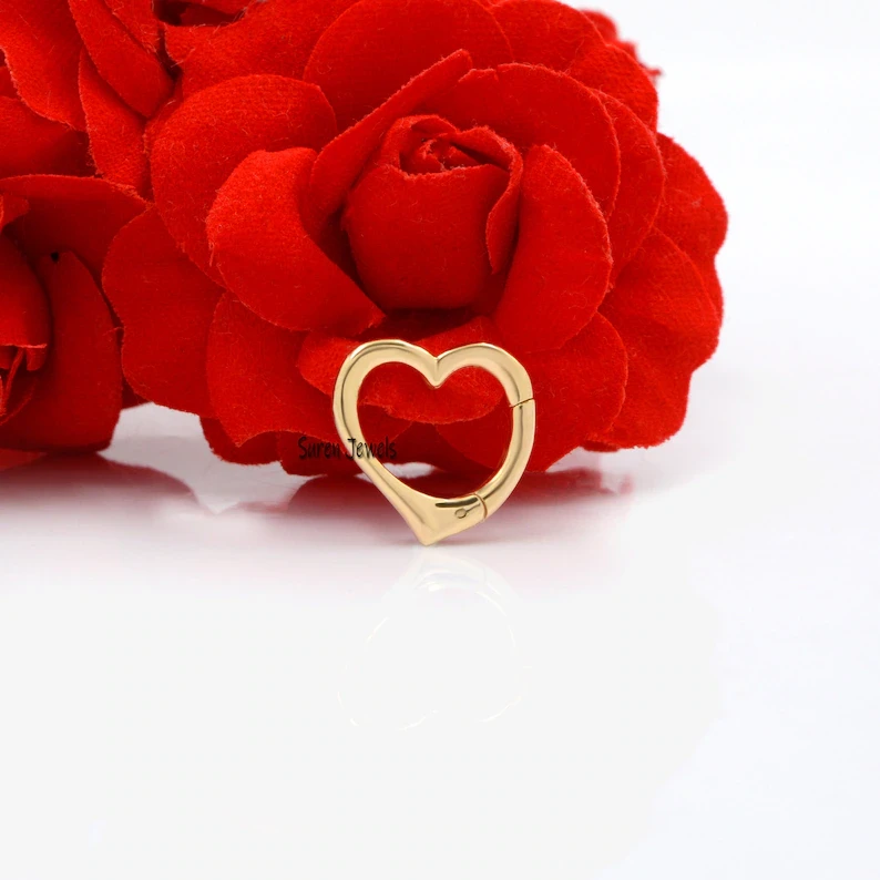 14K Solid Gold Heart Enhancer Lock – Removable Heart Charm Holder & Push Clasp for Charms & Pendants