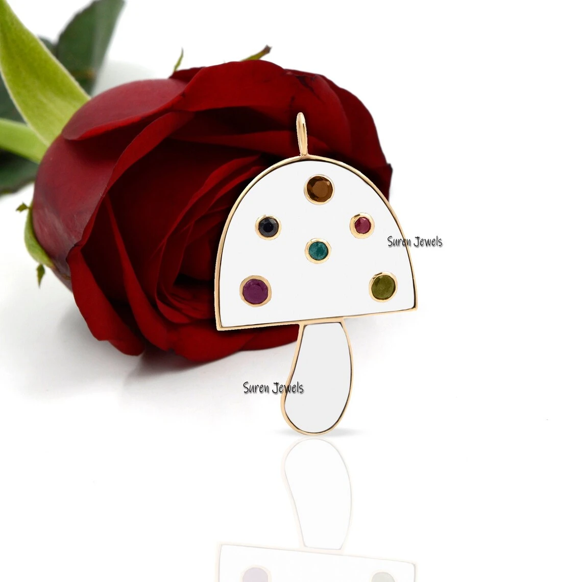 14K Gold Enamel Mushroom Pendant – Magic Gemstone Charm for Wholesale