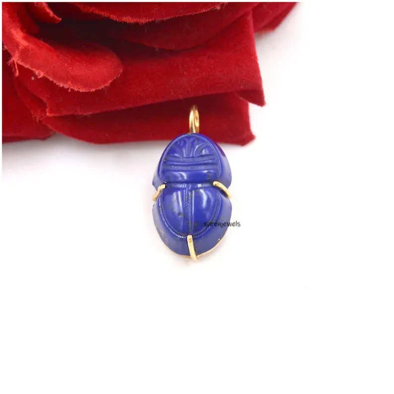 14K Gold Hand-Carved Gemstone Scarab Pendant – Designer Amulet Charm