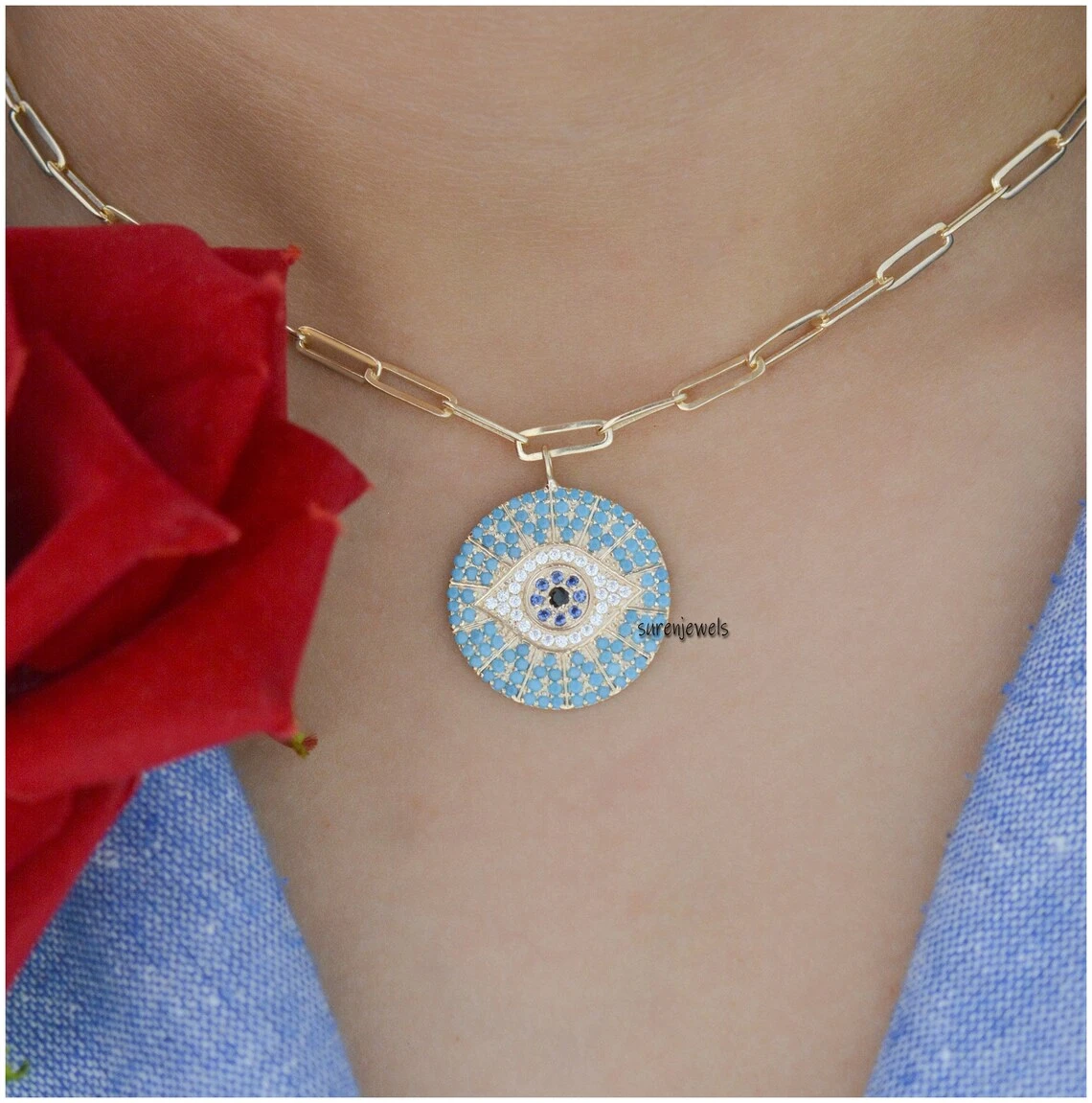 14K Gold Turquoise Diamond Evil Eye Pendant – Pave Turquoise Protection Charm