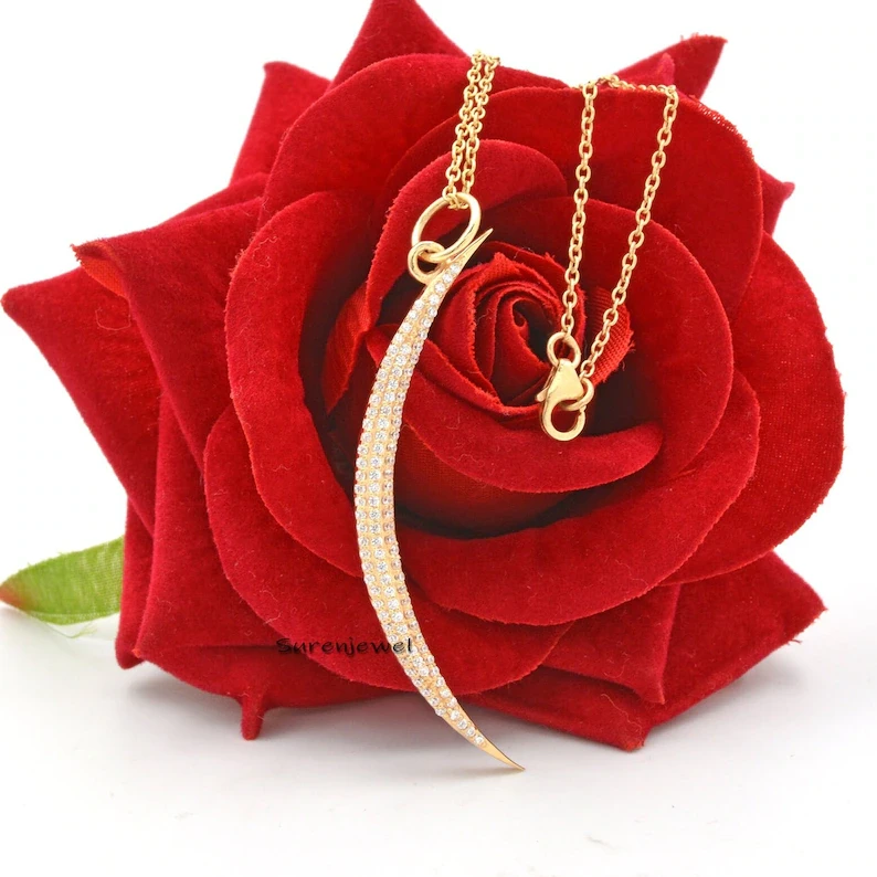 14K Gold Half Moon Pendant with Diamonds & Blue Sapphire – Elegant Designer Moon Pendant