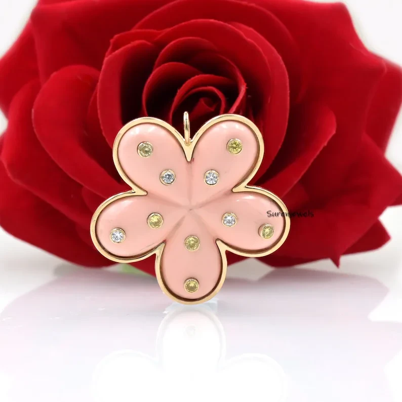 14K Gold Hand-Carved Gemstone Flower Pendant – Unique Summer Designer Jewelry