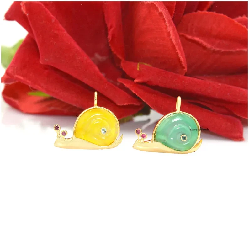 14k Gold Snail Pendant - Handmade Gemstone & Mushroom Snail Charm