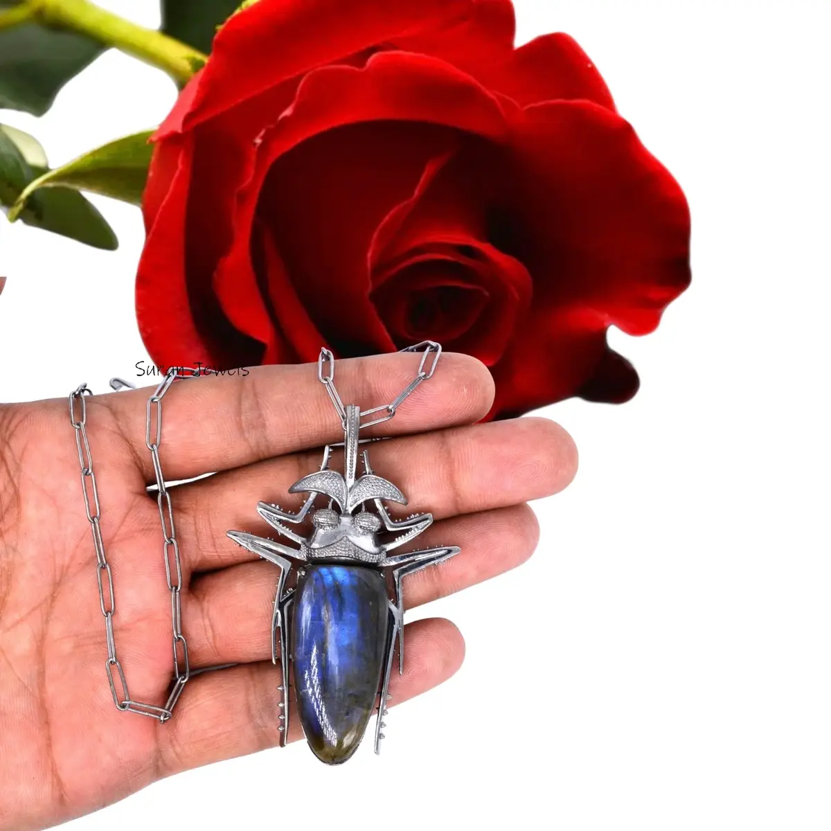 925 Rhodium Plated Labradorite Bug Pendant | Blue Enamel & Multi Gemstones Jewelry