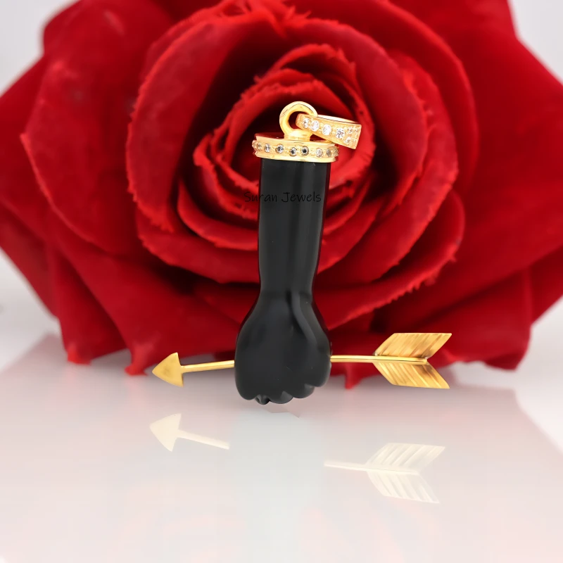 Coral Figa Pendant - 14K Solid Gold Turquoise Gemstone Hand Symbol Charm