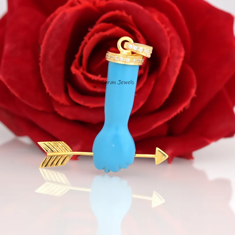 Coral Figa Pendant – 925 Sterling Silver Turquoise Gemstone Hand Symbol Pendant