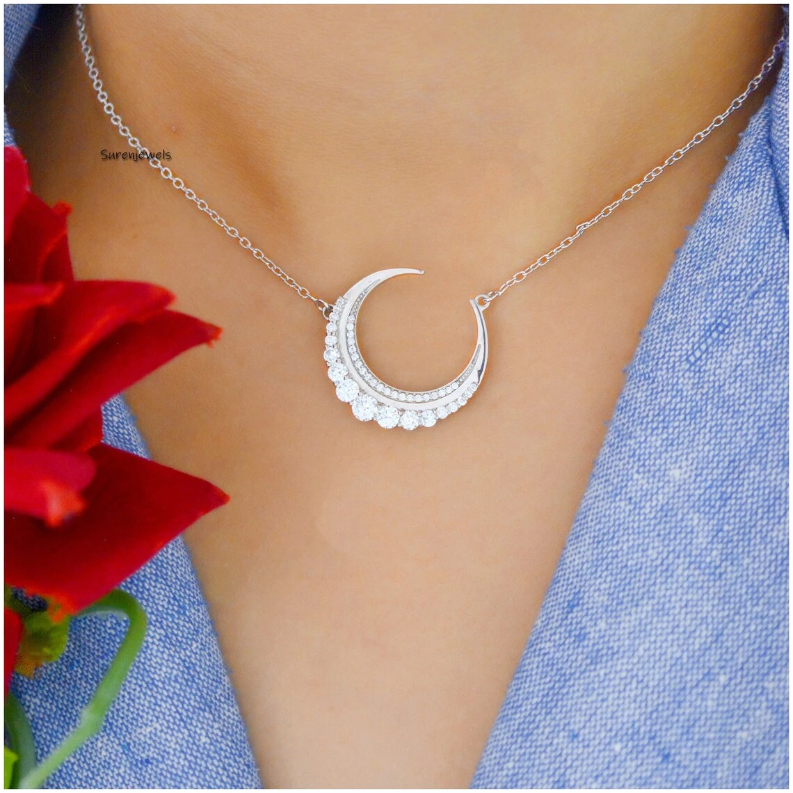 925 Silver Moissanite Half Moon Pendant Necklace – Crescent Moon Charm with Pave Moissanite