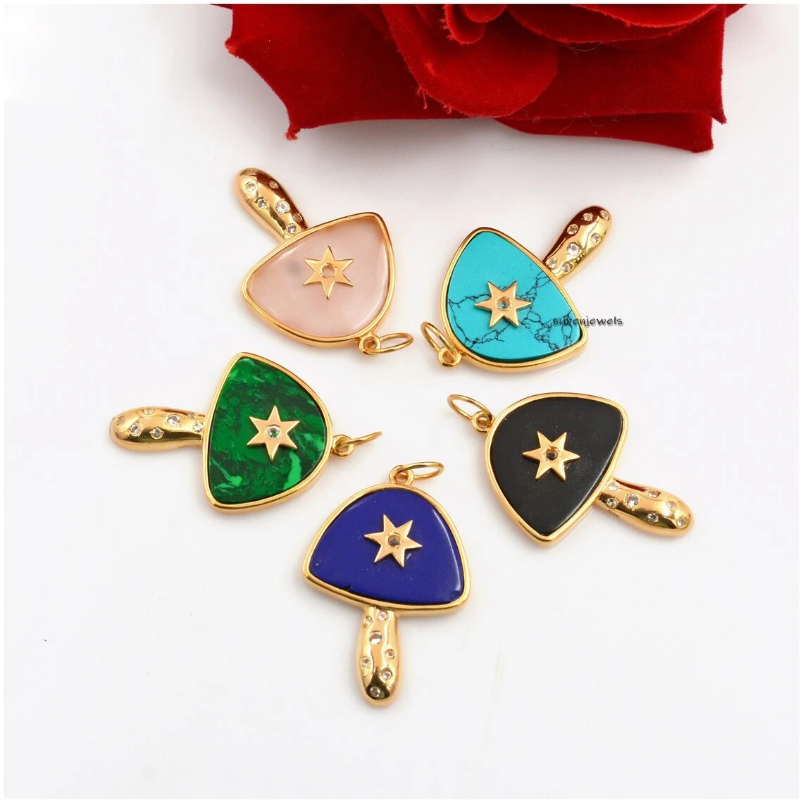 14K Yellow Gold Mushroom Pendant – Multi Gemstone Mushroom Pendant