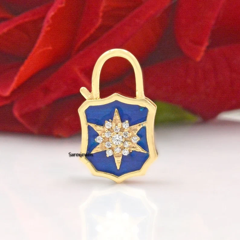 14K Gold Enamel Starburst Padlock Pendant – Diamond Vintage Padlock Jewelry