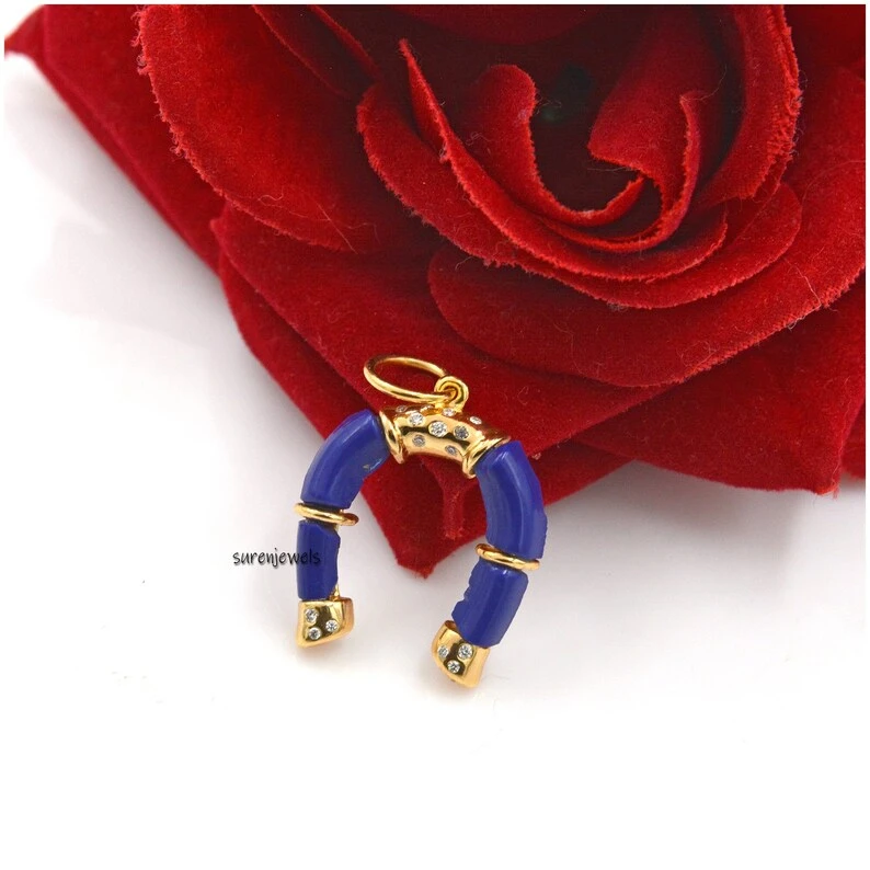 14K Gold Gemstone Horseshoe Pendant – Lucky Turquoise & Moissanite Charm | Designer Horseshoe by Suren Jewels