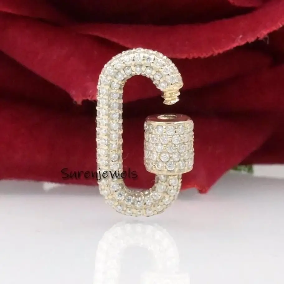 925 Gold Diamond Carabiner Lock Pendant – Full Pave Oval Carabiner for Charms