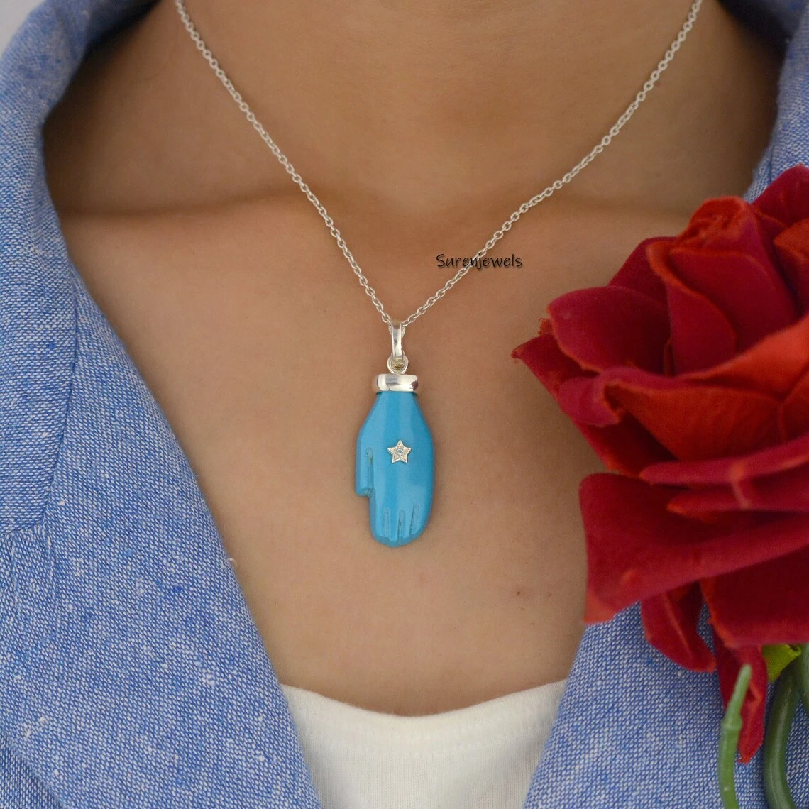 925 Silver Malachite & Turquoise Hamsa Hand Pendant – Gemstone Protection Charm