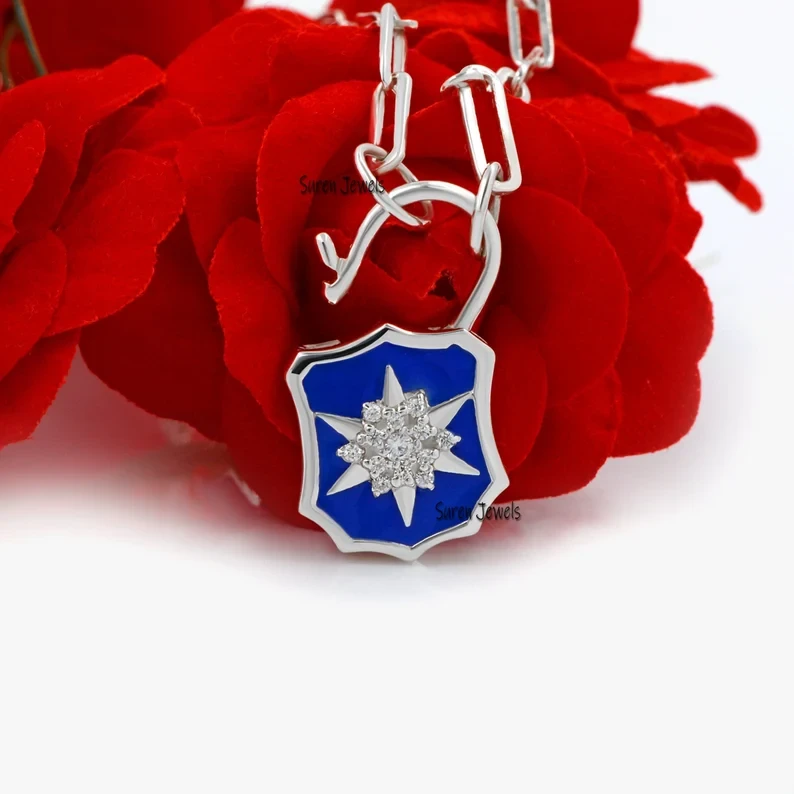 925 Silver Enamel Starburst Padlock Pendant – Diamond Vintage Designer Lock