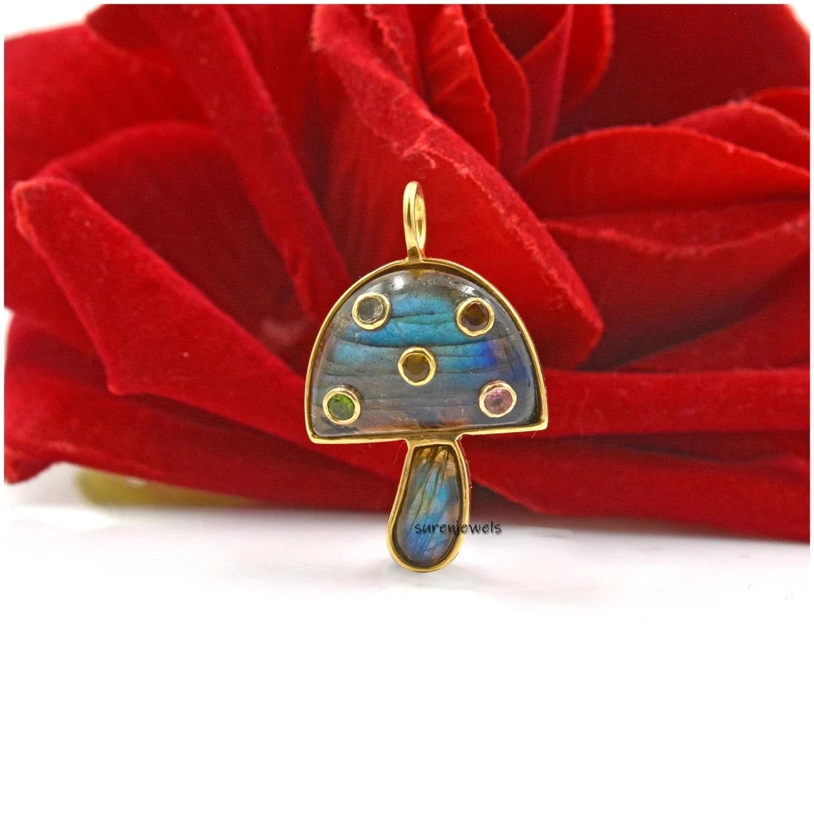 14k Solid Gold Mushroom Pendant – Pave Gemstone Magic Mushroom Charm