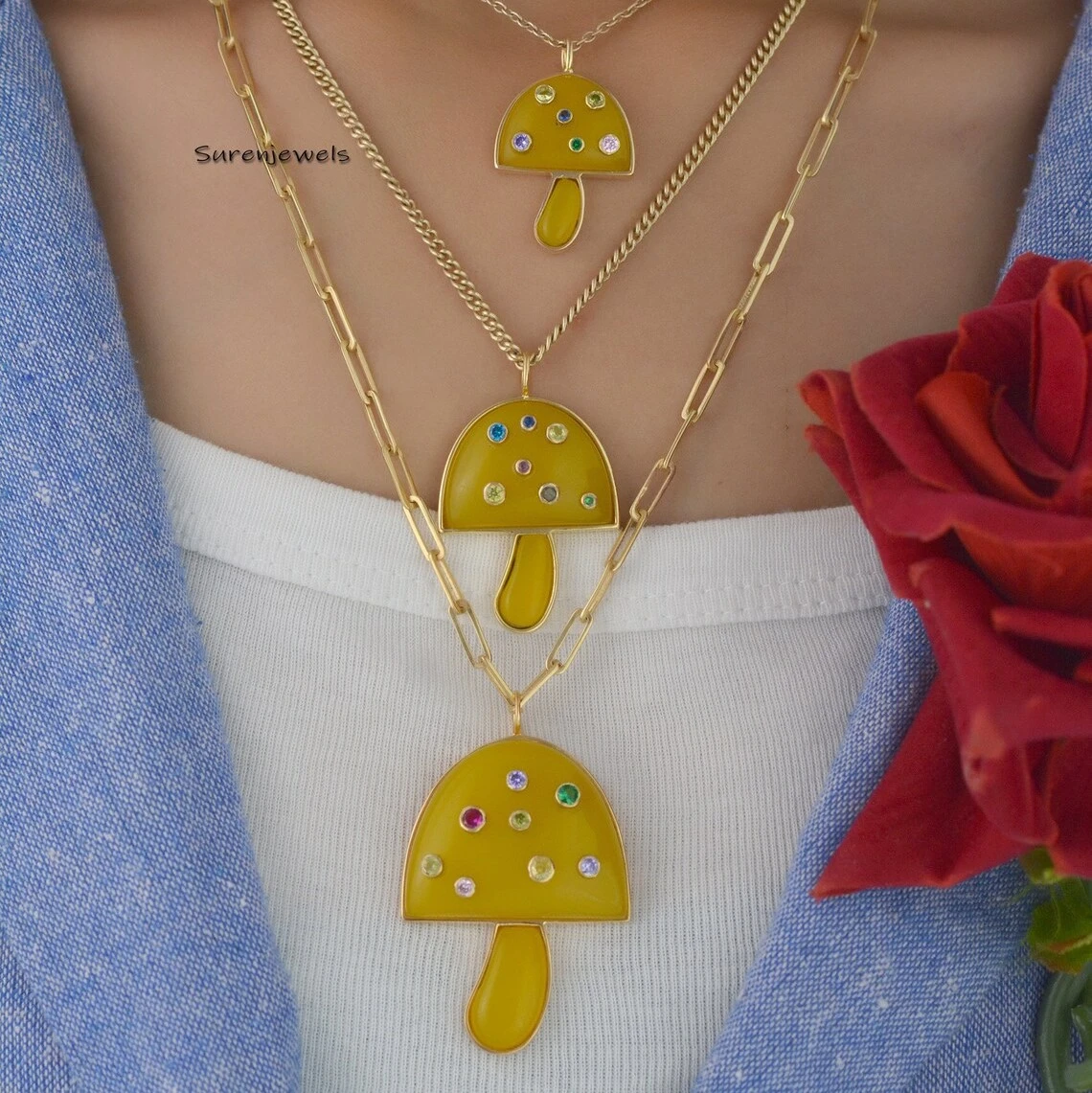 14k Gold Gemstone Mushroom Pendant – Magic Mushroom Charm for Wholesale Jewelry