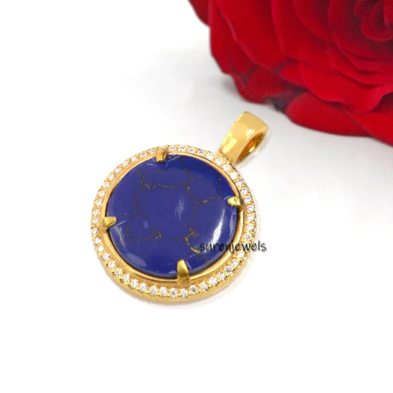 14K Gold Lapis Lazuli Gemstone Disc Pendant – Designer Crystal Charm for Jewelry Making