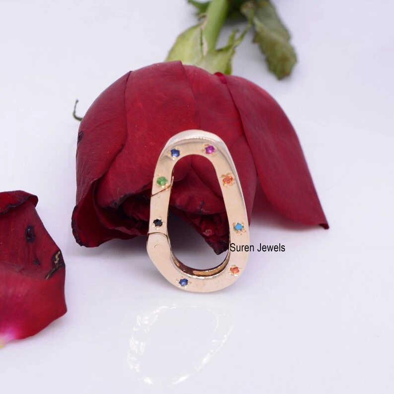 14K Solid Gold Multi Sapphire Enhancer Clasp Lock – Oval Charm Connector for Women’s Designer Jewelry