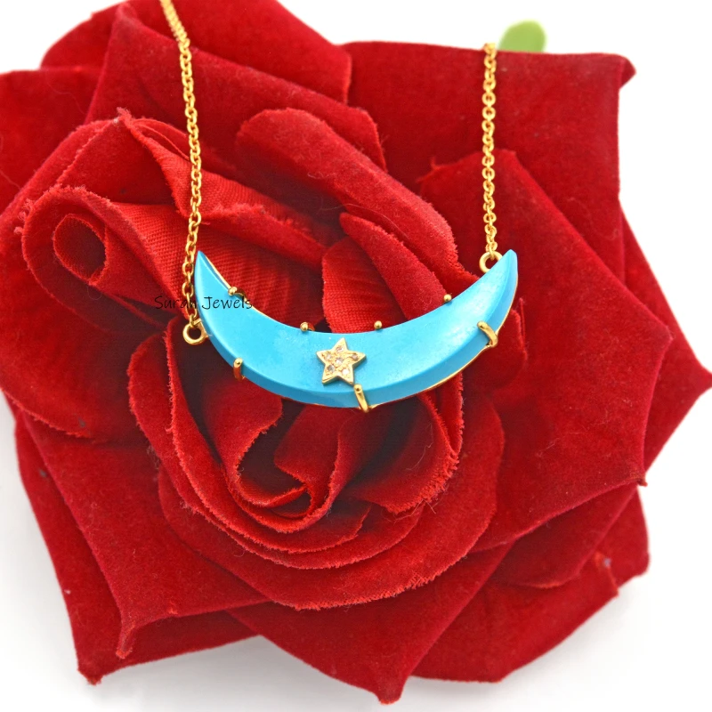 14K Gold Turquoise Half Moon Pendant Necklace – Elegant Gemstone Jewelry