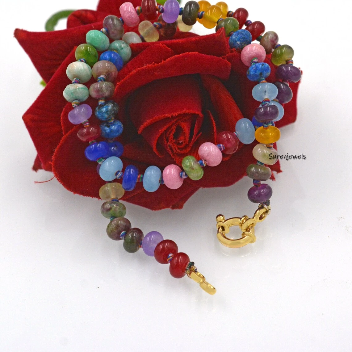 Rainbow Multi Gemstone Necklace with Rondelle Beads – Sterling Silver