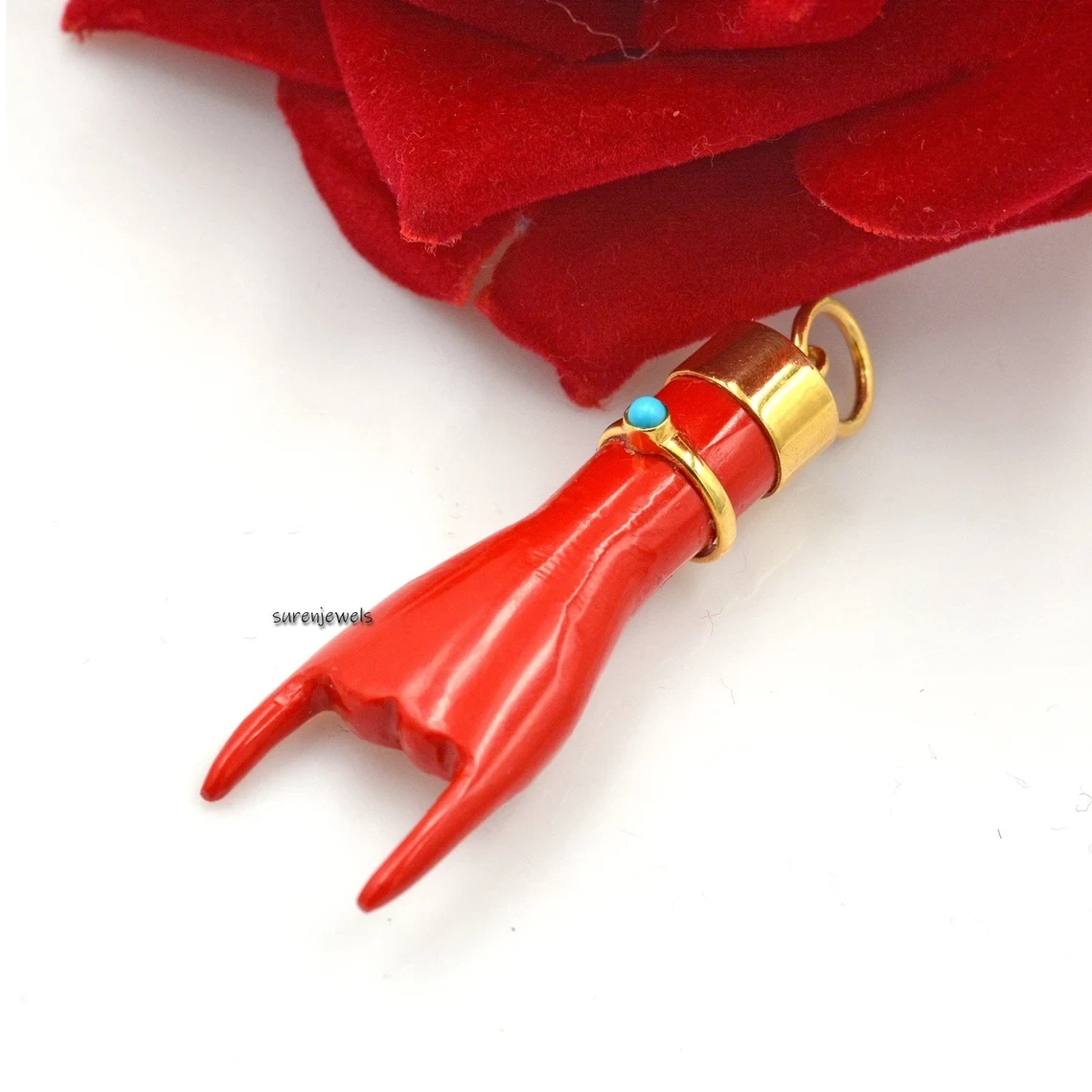 14K Gold Coral Gemstone Figa Hand Pendant – Carved Healer Hand Symbol