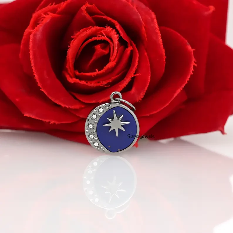 925 Silver Lapis Lazuli Star Moon Disc Pendant – Moissanite Gemstone Moon Disc Charm for Necklaces