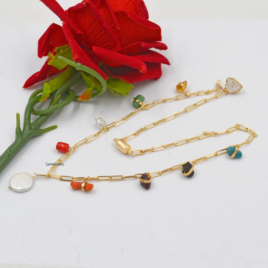 Multi Gemstone Silver Necklace – Colorful Charm Gemstone Necklace