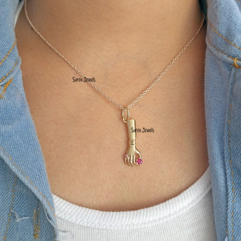 14K Gold Ruby Figa Hand Pendant – Good Luck Mano Fico Charm, Gemstone Figa Pendant