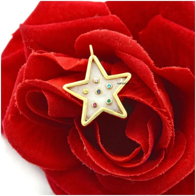 Solid 14k Gold Multi-Gemstone Star Pendant – Malachite, Lapis, Turquoise