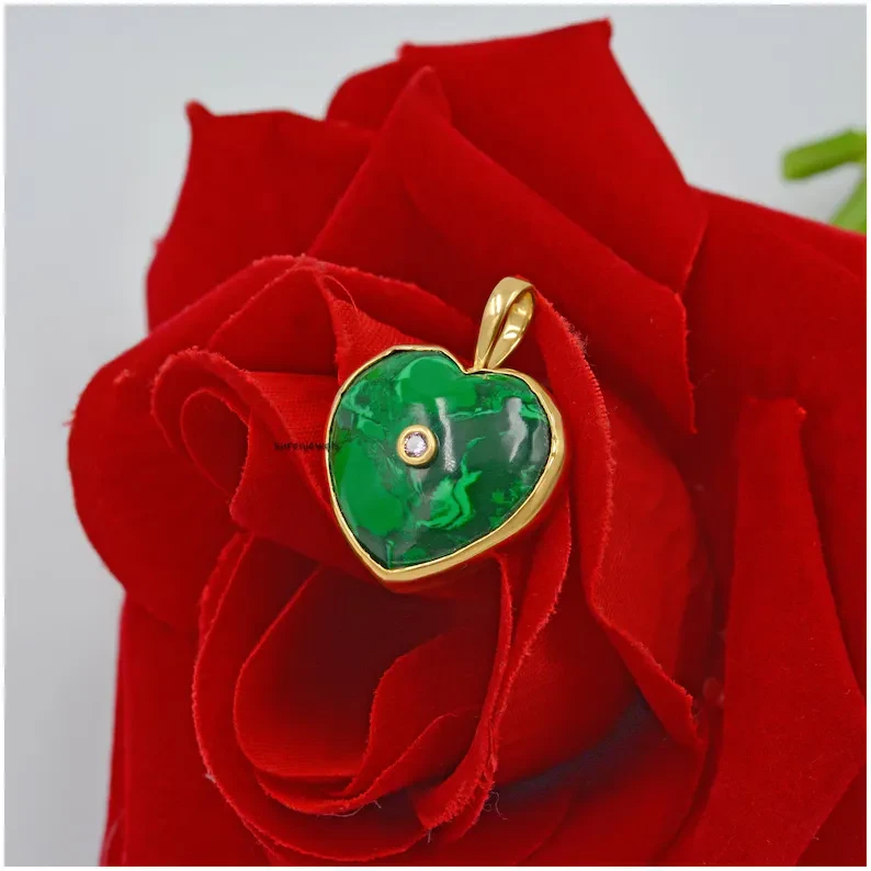 14k Gold Malachite Heart Charm Pendant – Natural Gemstone Love Heart Jewelry