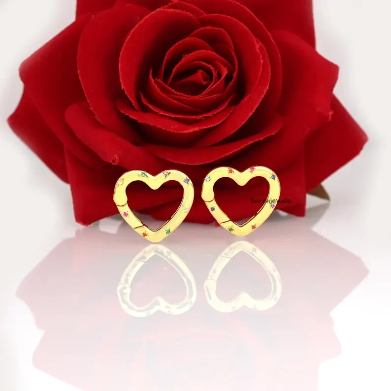 14K Gold Gemstone Heart Enhancer | Diamond Heart Charm Enhancer | Gold Heart Link Lock | Elongated Link Heart