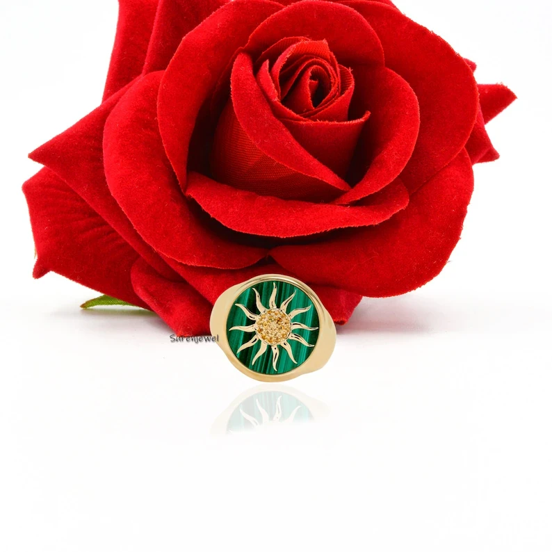 14K Solid Gold Gemstone Sun Ring – Dainty Sunburst Ring