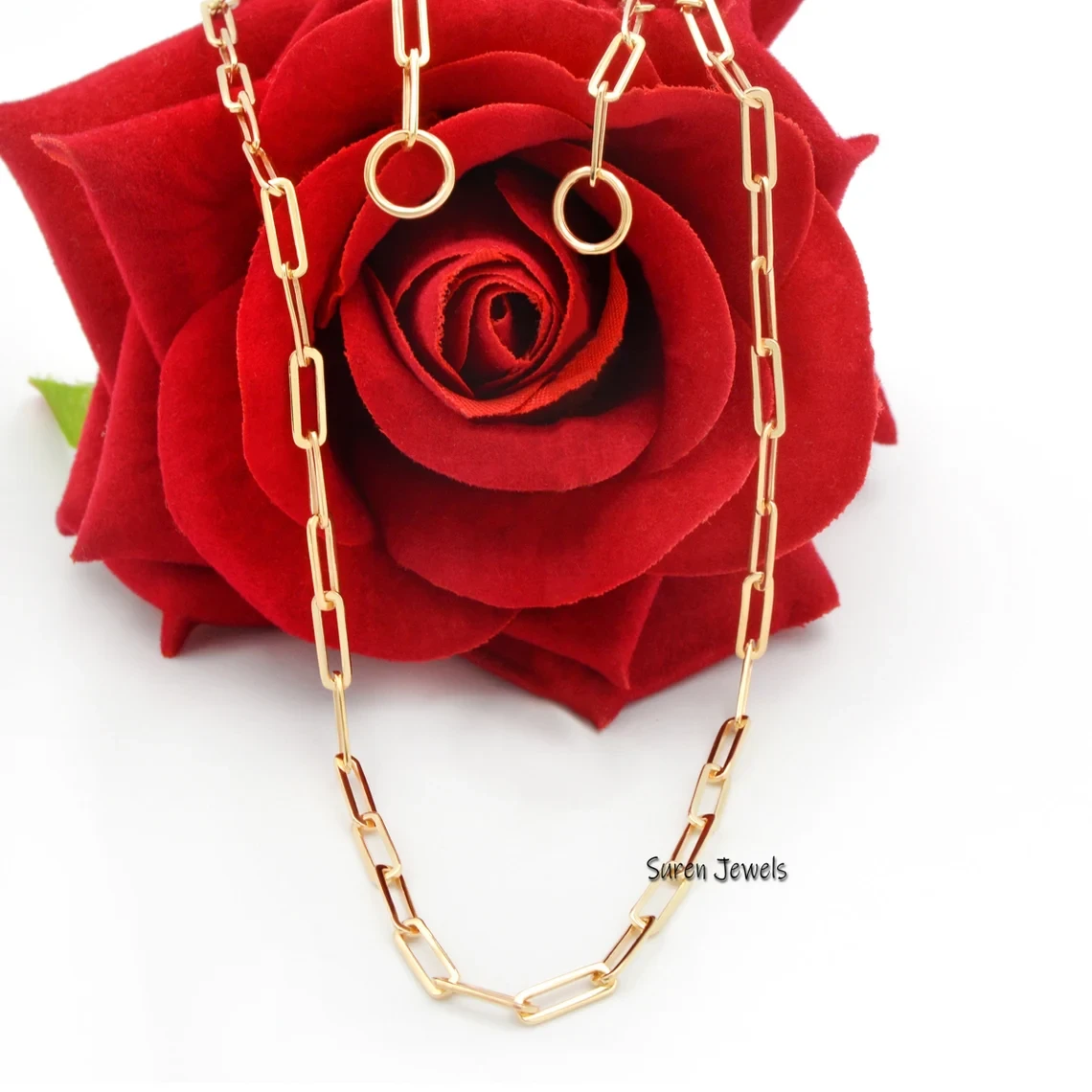 14k Gold Paperclip Chain Necklace – Solid Gold Paperclip Link with Carabiner Lock