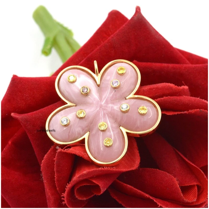 925 Silver Hand-Carved Gemstone Flower Pendant – Unique Designer Summer Jewelry