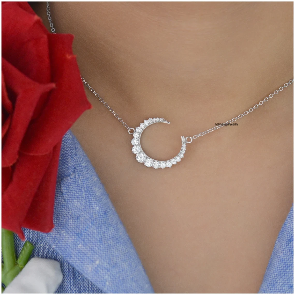925 Silver Crescent Moon Necklace – Moissanite Gemstone Horn Moon Charm