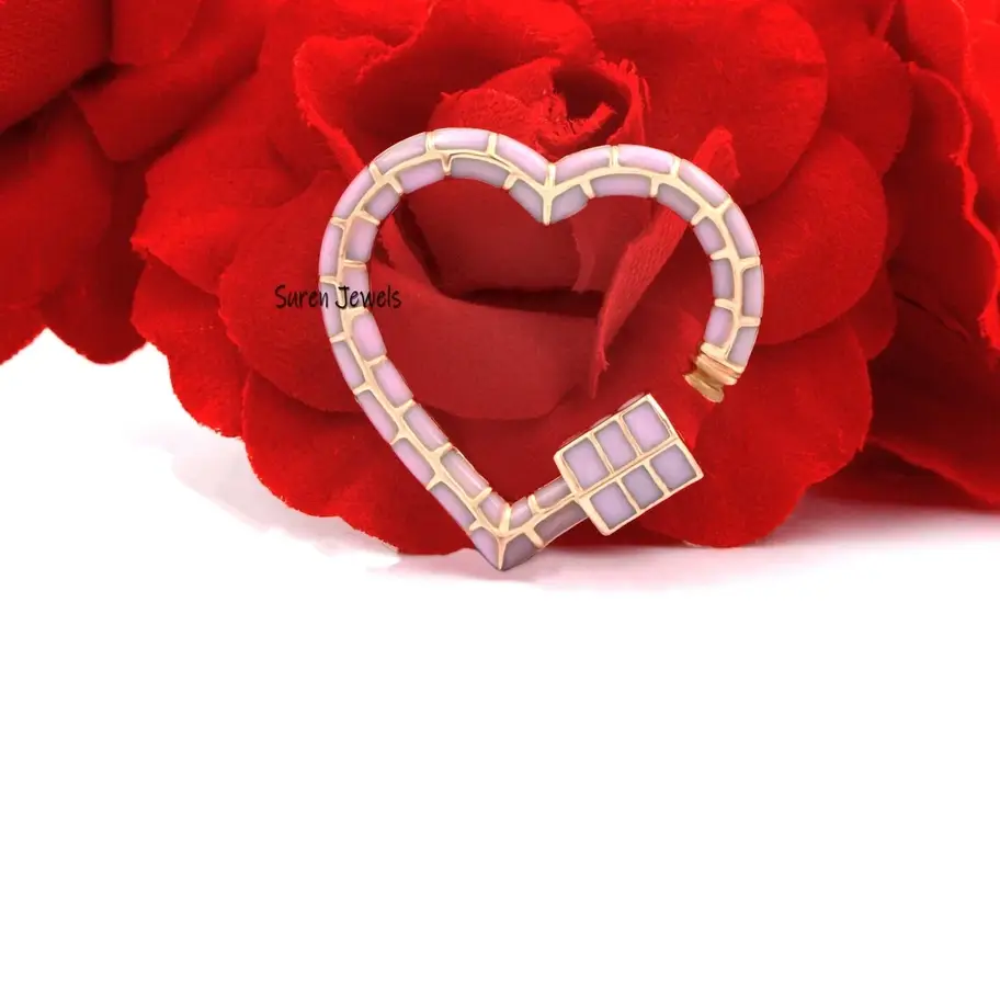 14K Gold Multi-Enamel Charm Holder - Enamel Heart Carabiner Lock