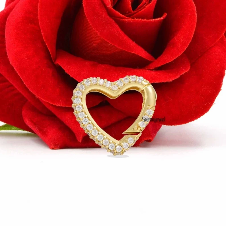 14K Gold Diamond Heart Charm Holder | Solid Gold Enhancer Lock