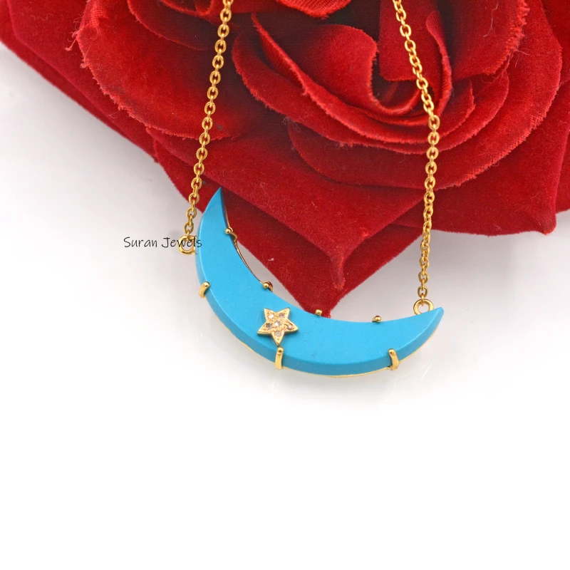 925 Silver Turquoise Half Moon Pendant – Gemstone Charm Necklace