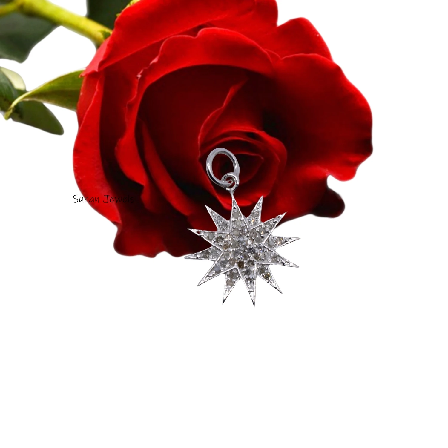 925 Silver Star Burst Diamond Pendant – Ruby Star Charm for Christmas