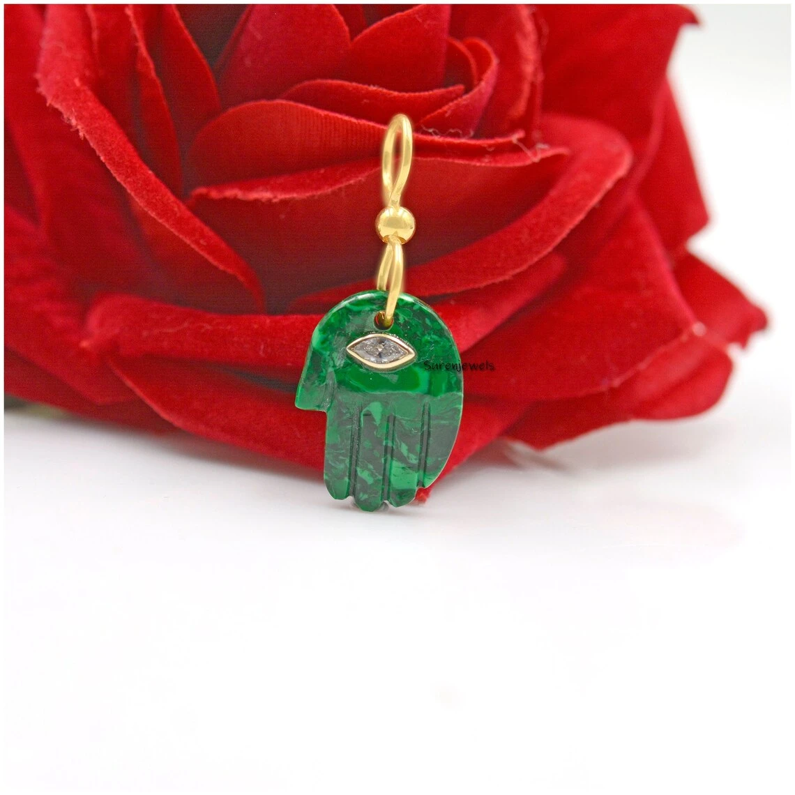 14K Gold Coral Hamsa Hand Charm with CZ Center – Handmade Gemstone Pendant