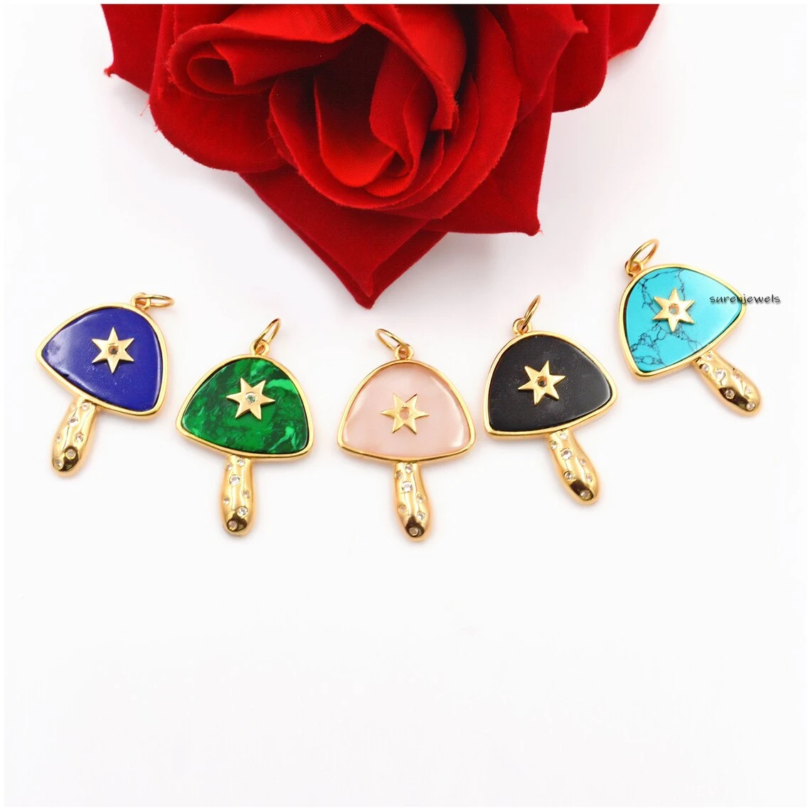 925 Silver Yellow Gold Plated Mushroom Pendant | Multi-Stone Moonstone Mushroom Pendant | Mushroom Pendant Jewelry