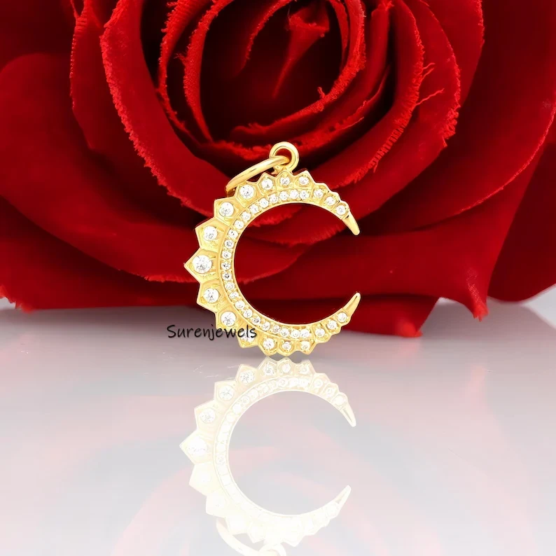 14k Solid Gold Turquoise Crescent Pendant – Diamond Moon Pendant in Yellow Gold
