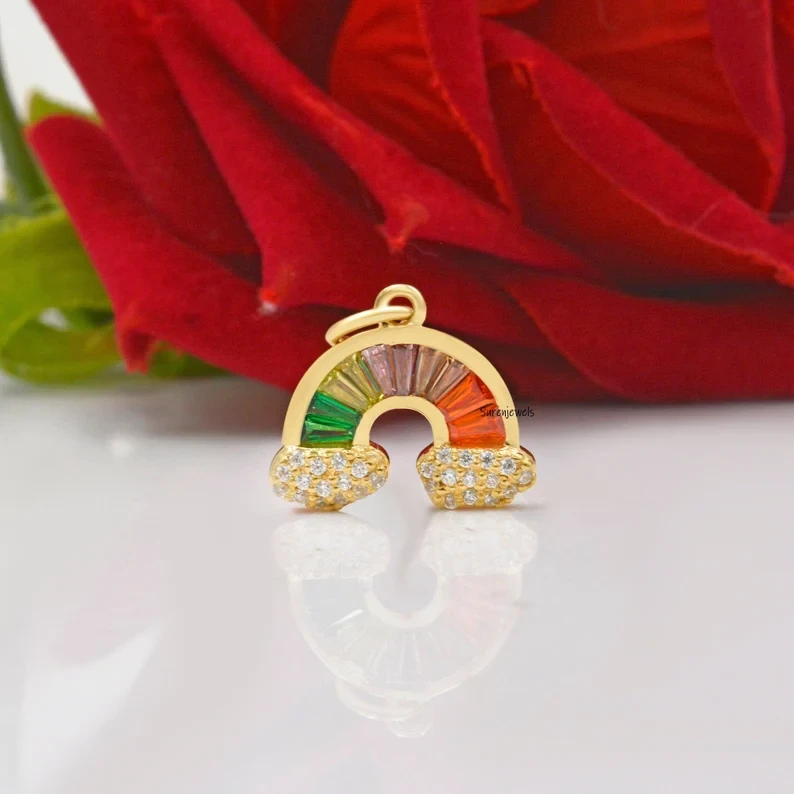 14K Gold Rainbow Pendant – Solid Gold Rainbow Charm for Necklaces
